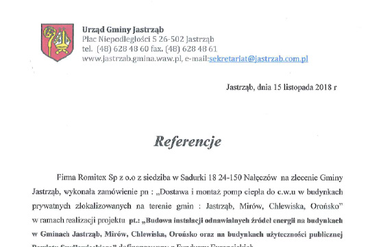 Referencje Urzędu gminy Jastrząb dla firmy Romitex
