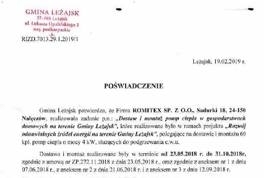 Referencje Urzędu gminy Leżajsk dla firmy Romitex