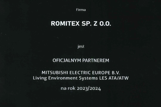 Certyfikat partnerski Mitsubishi 2023 dla firmy Romitex