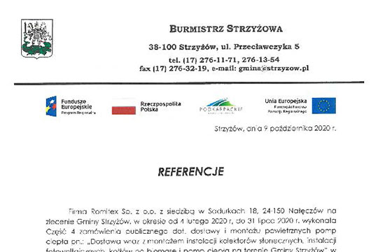 Referencje od burmistrza Strzyżowa dla firmy Romitex